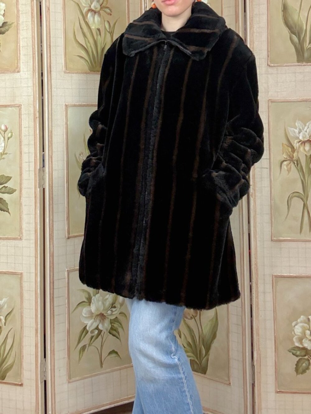 Vintage Brown Striped Faux Fur Coat